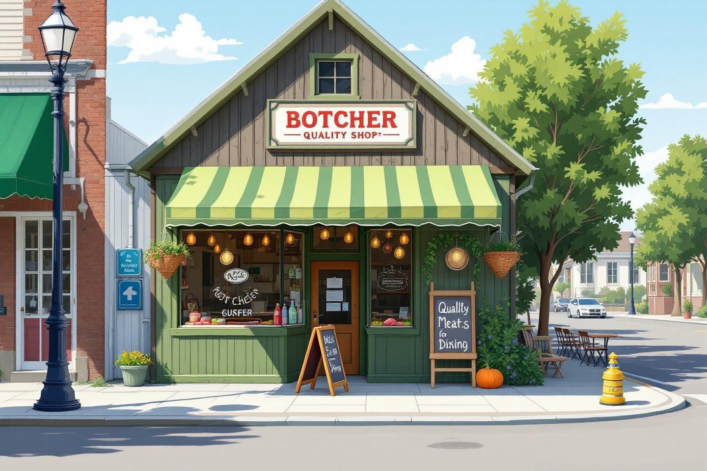 Devanture verdoyante d'une boucherie traditionnelle avec auvent ray&eacute;