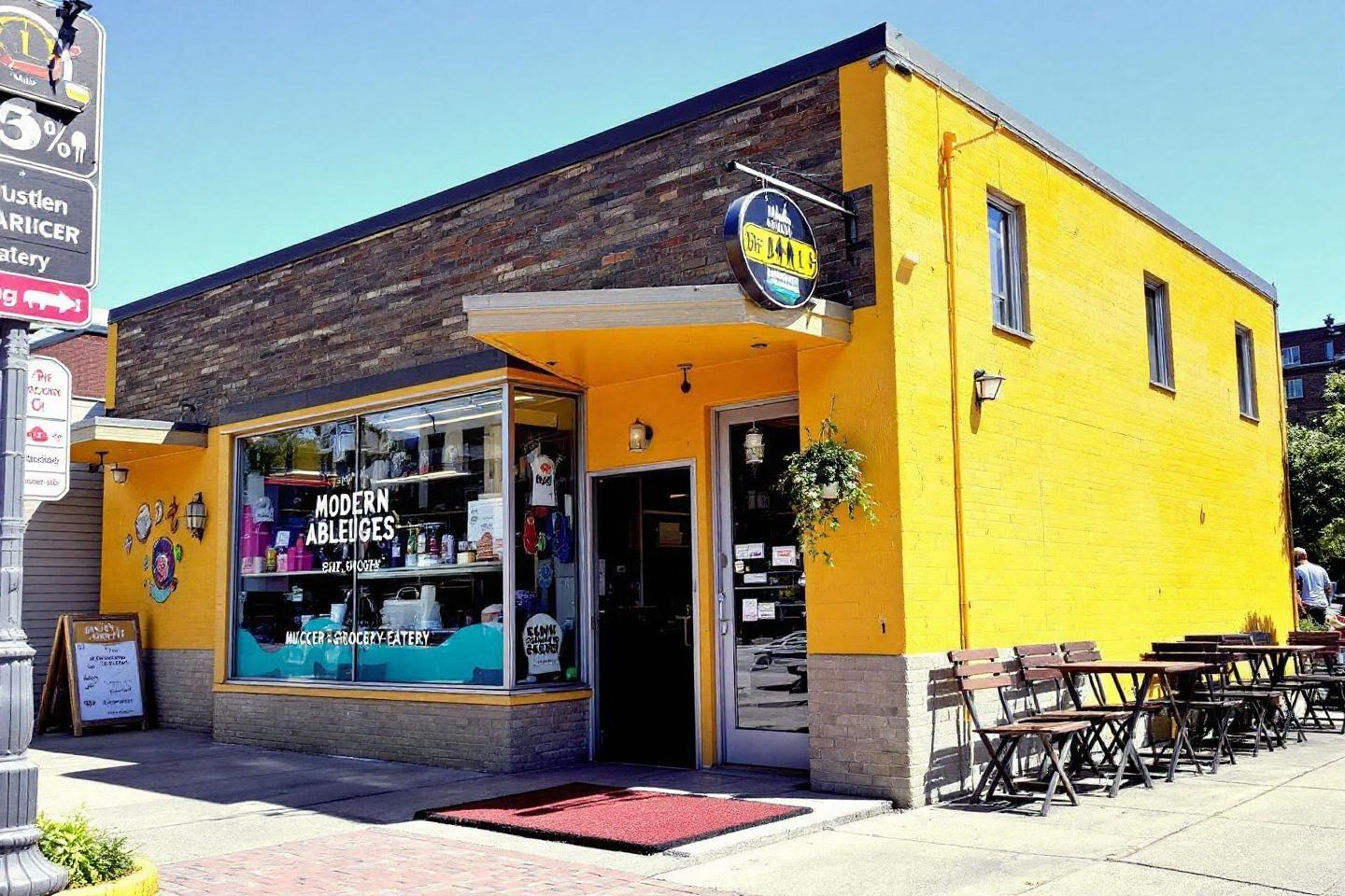 B&acirc;timent jaune et brun avec terrasse et enseigne commerciale