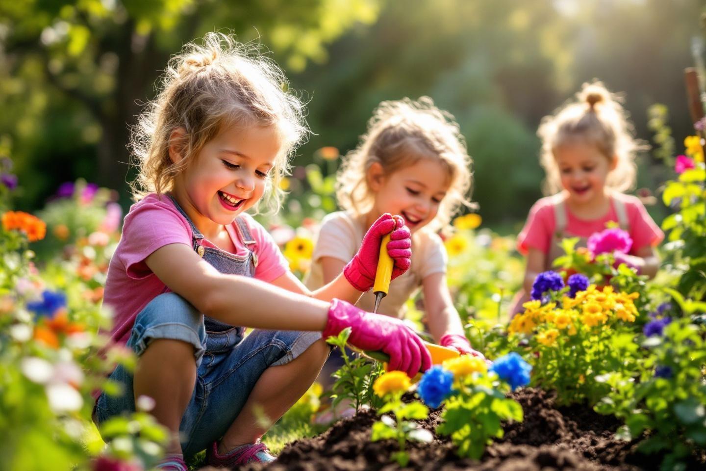 Jeunes filles jardinage avec des gants color&eacute;s dans un jardin fleuri