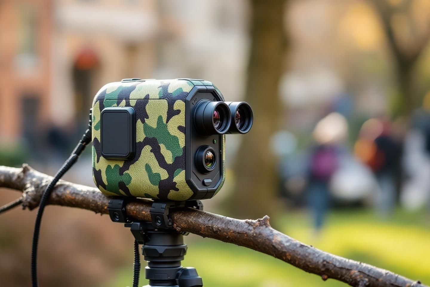 Cam&eacute;ra de poche camouflage fix&eacute;e sur une branche d'arbre