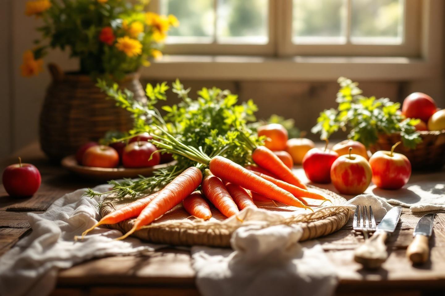 Carottes et pommes sur un tissu pr&egrave;s d'une fen&ecirc;tre ensoleill&eacute;e