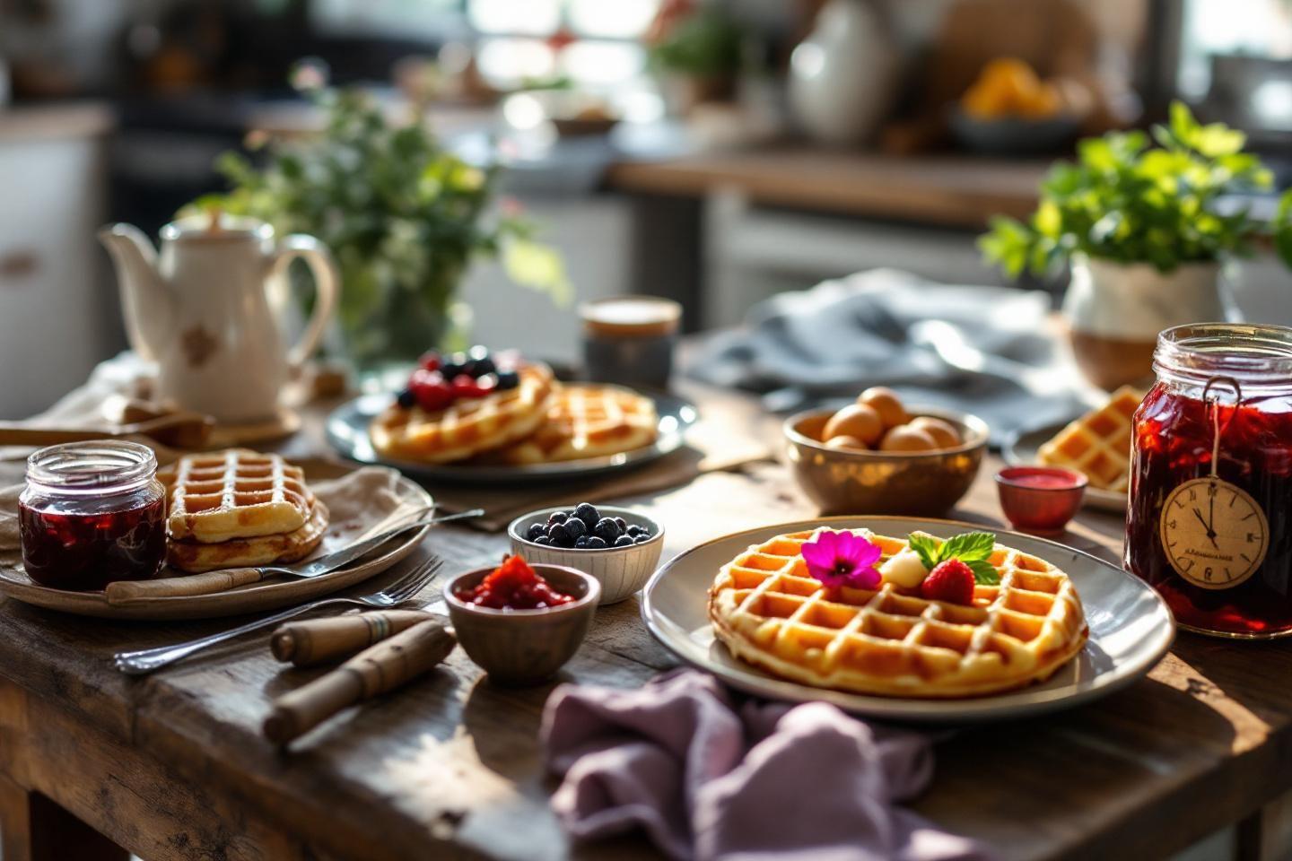 Table avec gaufres dor&eacute;es, confitures et fruits