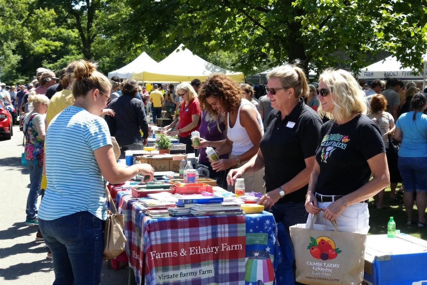 Stand de producteurs avec des &eacute;tals color&eacute;s sous des arbres