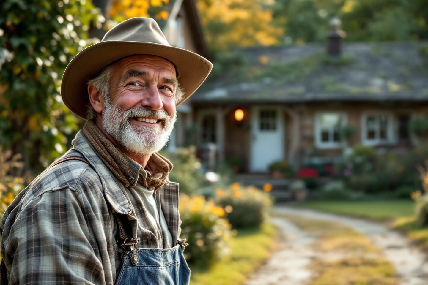 Vieil agriculteur avec chapeau souriant pr&egrave;s d'une maison