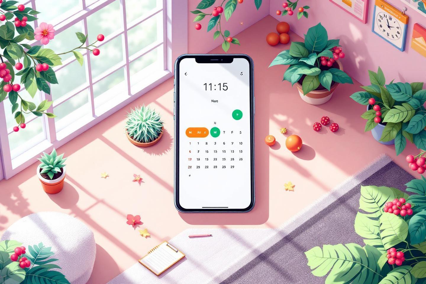 Smartphone affichant un calendrier sur un bureau d&eacute;cor&eacute; de v&eacute;g&eacute;taux