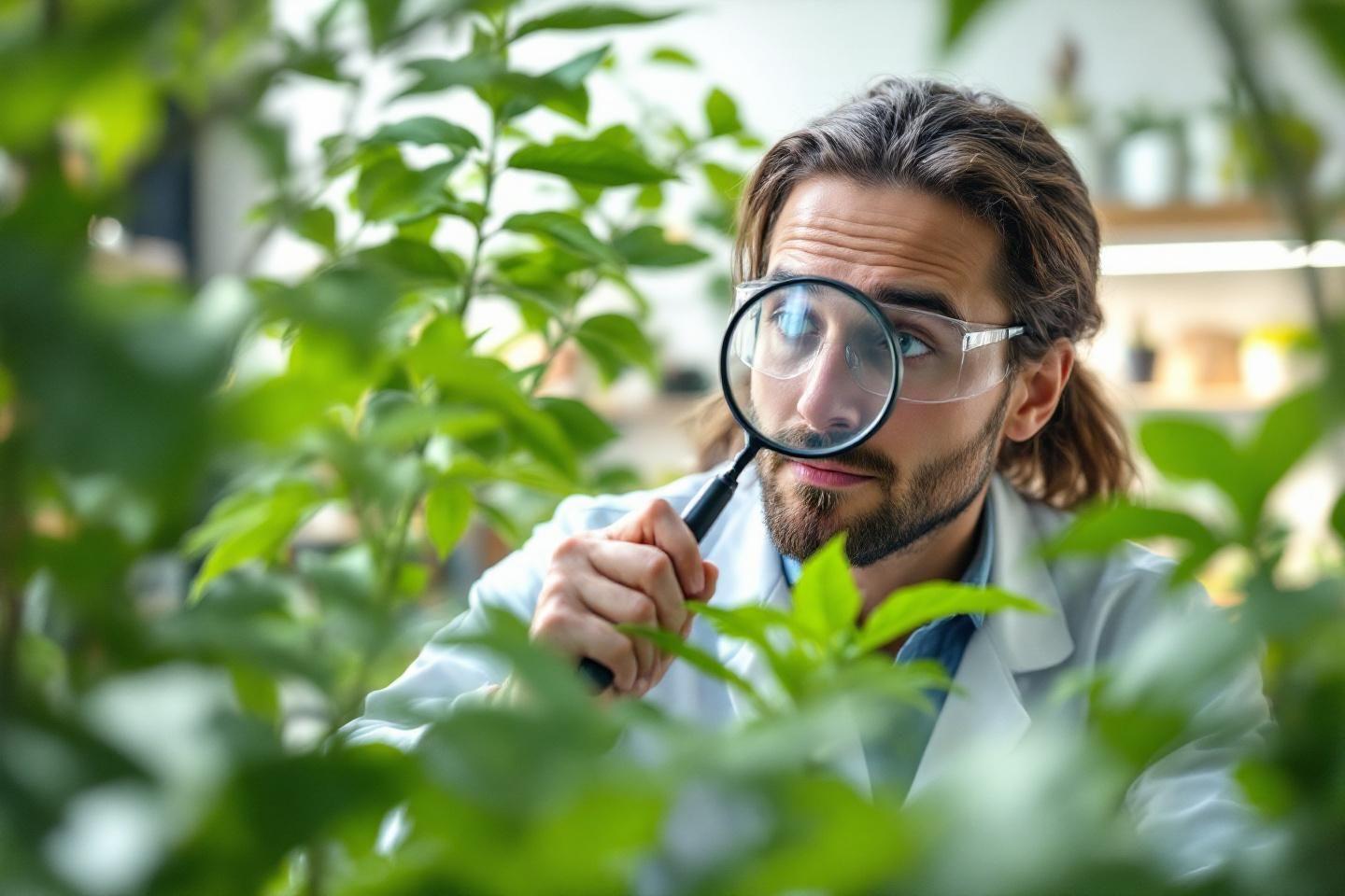 Scientifique &agrave; la loupe observant des feuilles vertes de pr&egrave;s