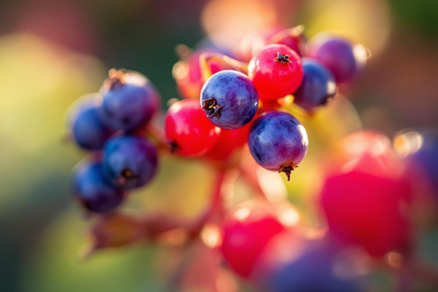 Gros plan de groseilles rouges et myrtilles avec bokeh color&eacute;