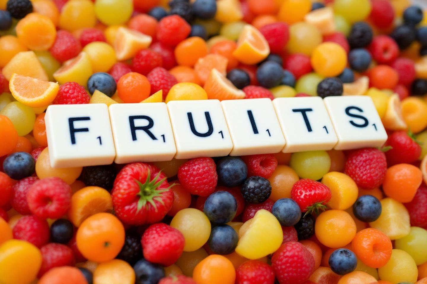 Lettres Scrabble sur un fond de fruits multicolores