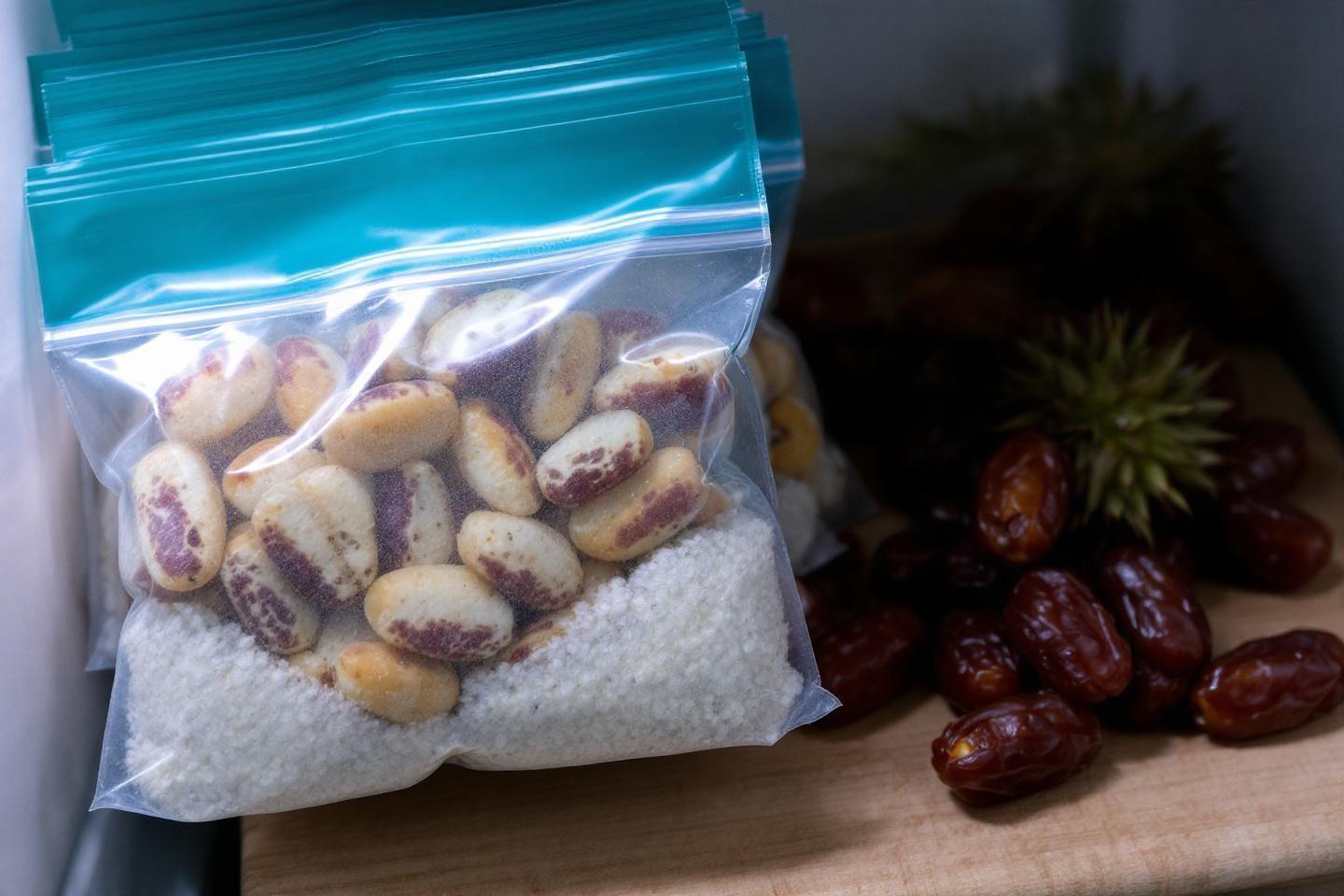 Sachet de noix blanche et dattes brunes sur une surface