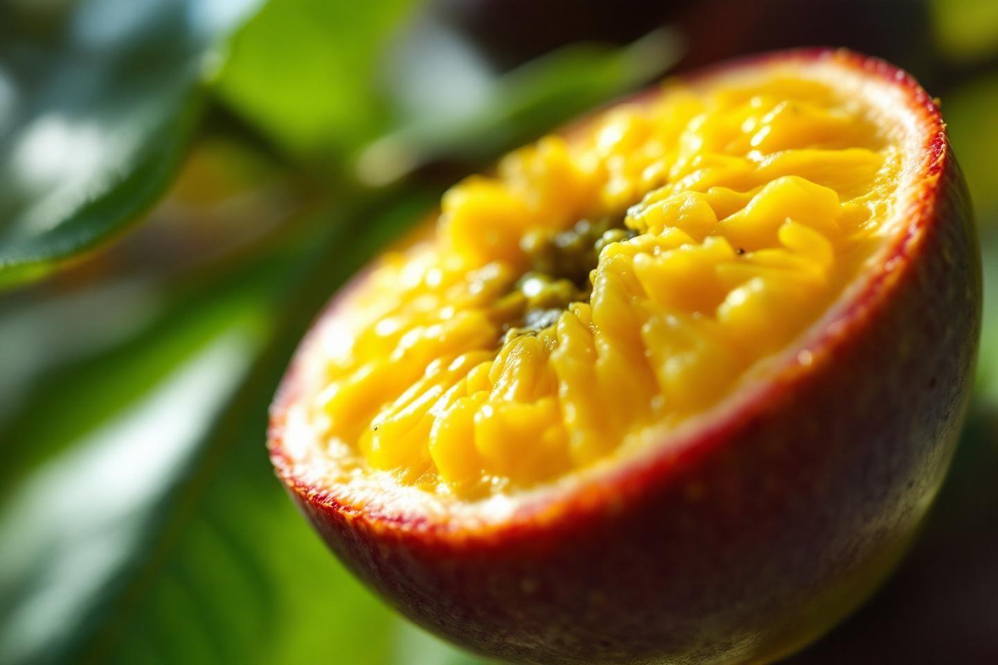 Gros plan d'un fruit de la passion jaune et rouge