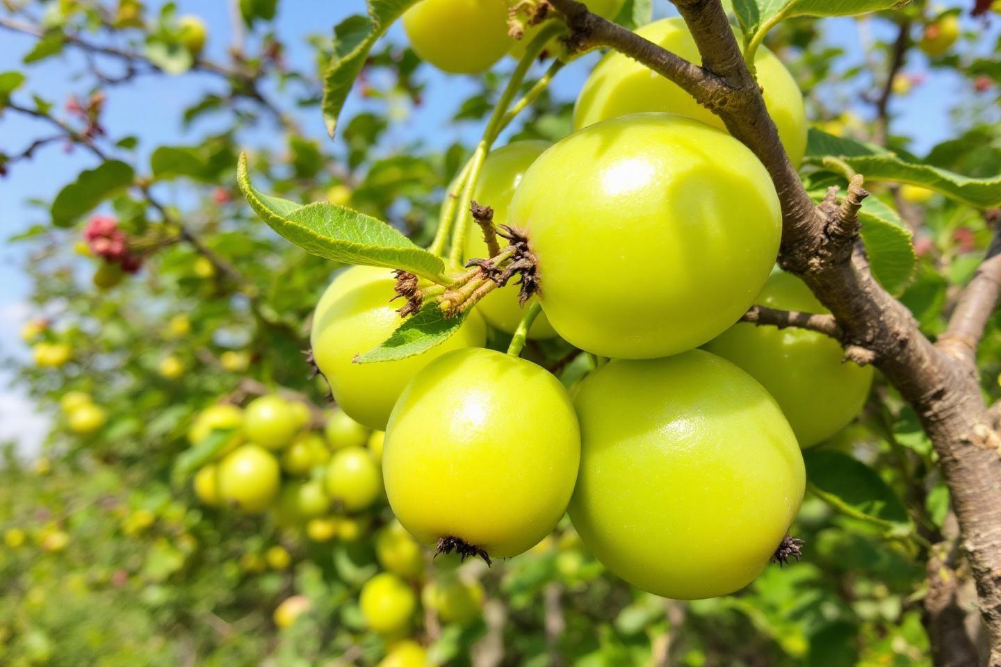 Gros plan de pommes vertes non m&ucirc;res sur une branche