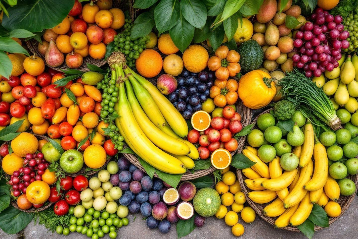 Arrangement de fruits frais vari&eacute;s dans diff&eacute;rentes couleurs et tailles