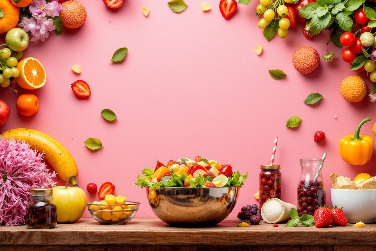 Salade de fruits vari&eacute;s sur fond rose avec bocaux en verre