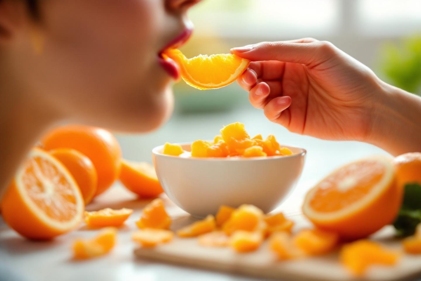 Main tendant un quartier d'orange &agrave; une bouche entrouverte