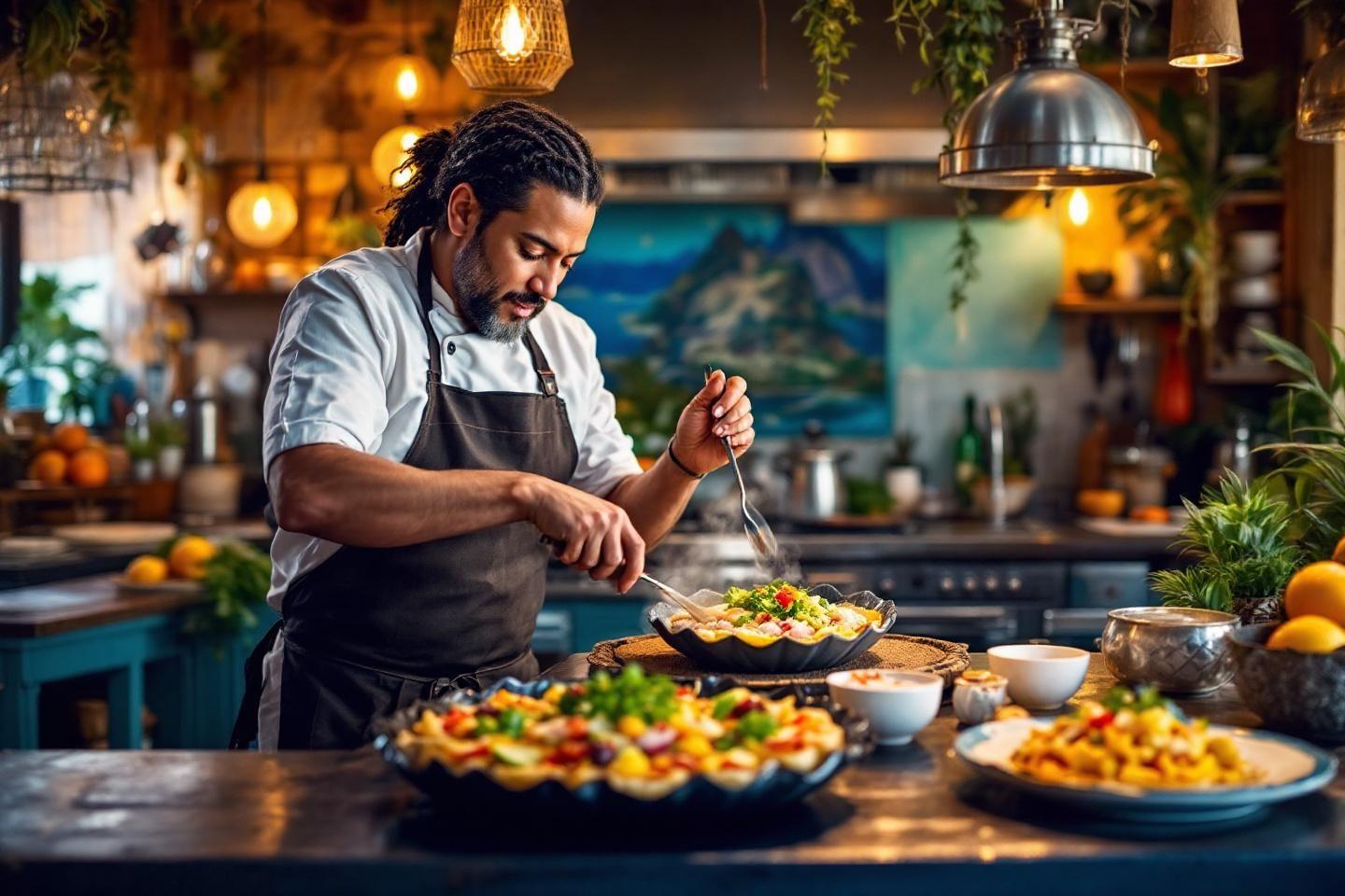 Cuisine &eacute;l&eacute;gante avec chef concentr&eacute; sur ses pr&eacute;parations