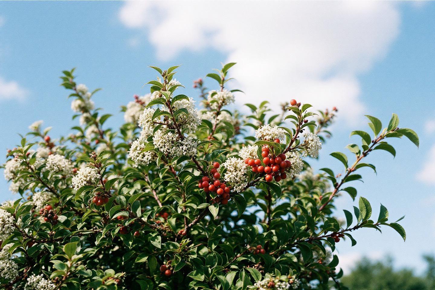Branches avec fleurs blanches et petites baies rouges