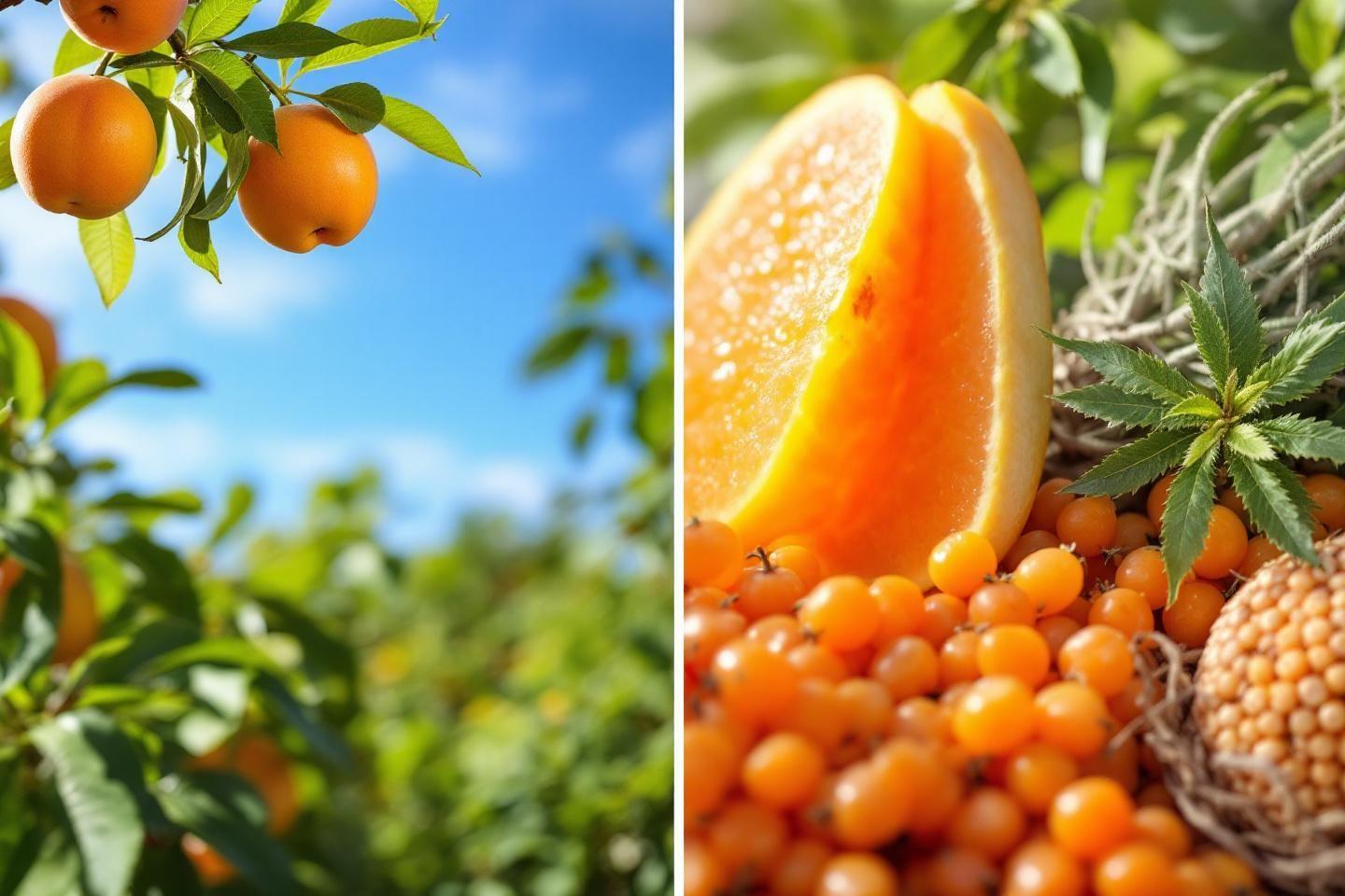 Oranges m&ucirc;res accroch&eacute;es &agrave; des branches avec des fruits coup&eacute;s