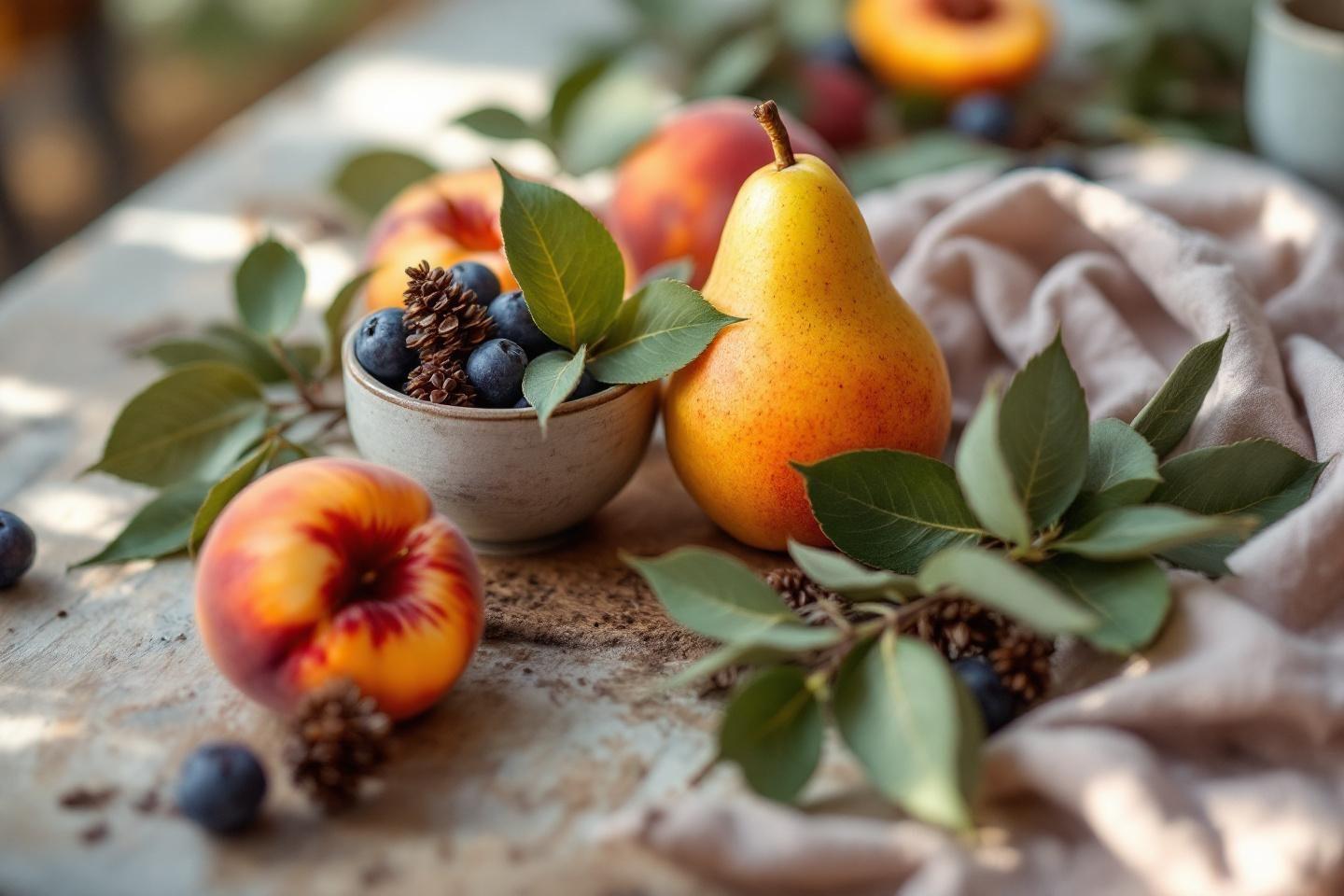 Poires, p&ecirc;ches, myrtilles et pommes de pin sur un tissu