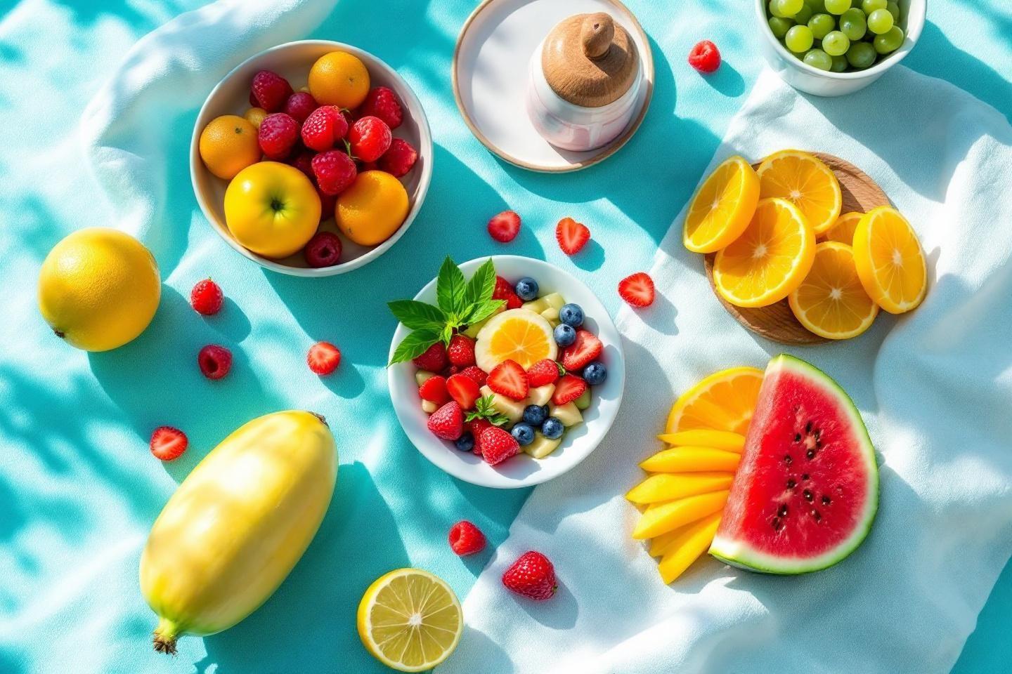 Divers fruits color&eacute;s dispos&eacute;s sur une surface bleu-vert