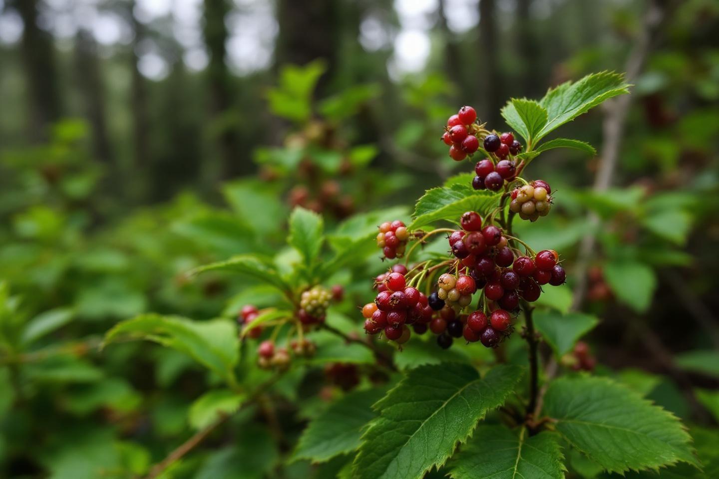 Grappes de petites baies rouges sur branche verte en for&ecirc;t