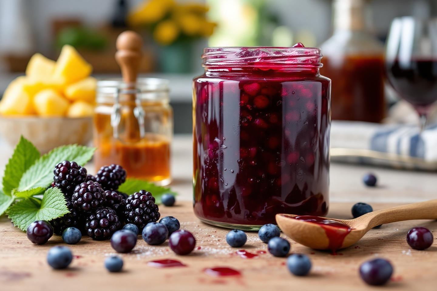 Pot de confiture rouge avec des fruits frais sur une table