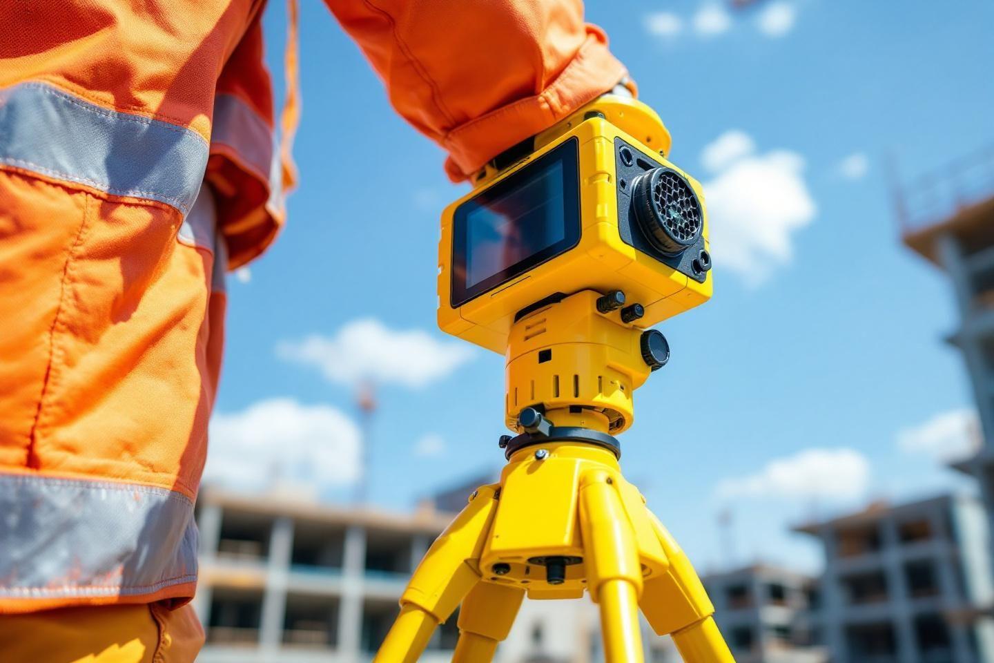 Appareil jaune de mesure sur tr&eacute;pied avec ouvrier en arri&egrave;re-plan