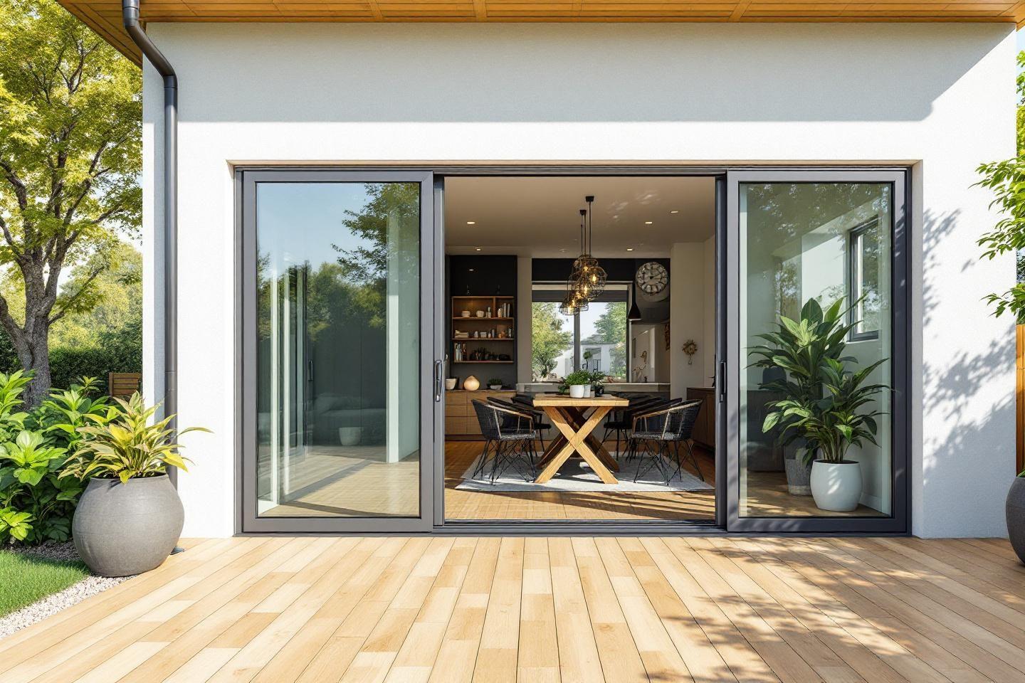 Espace de vie moderne avec portes coulissantes et mobilier design