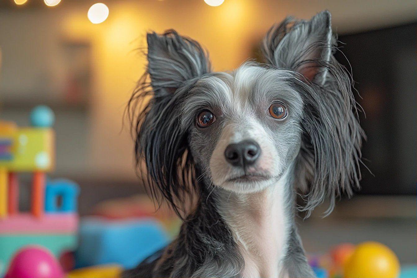 Chien &agrave; poils longs noir et blanc avec des jouets color&eacute;s