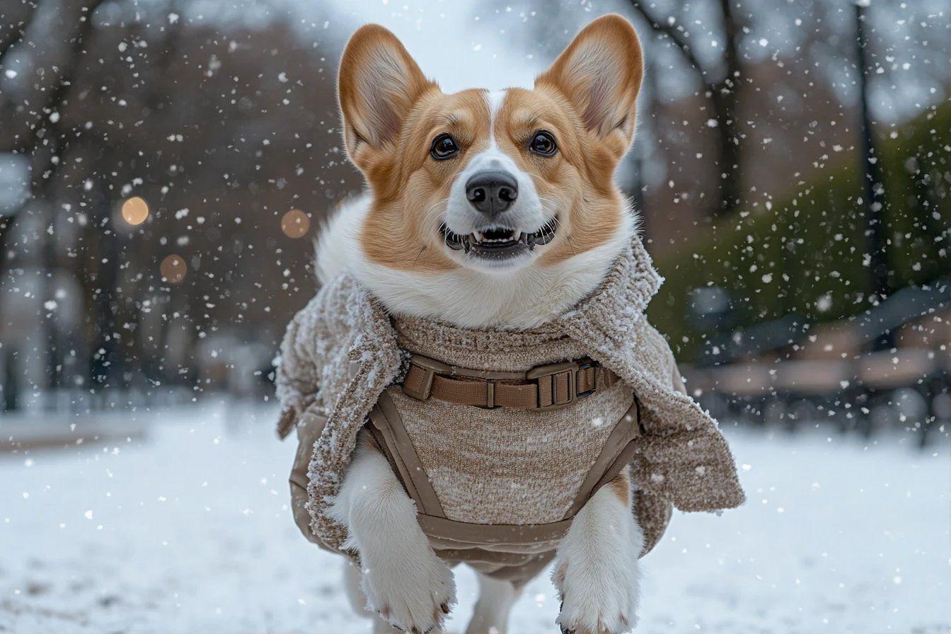 Chien Corgi Heureux Portant Un Manteau Par Temps Neigeux