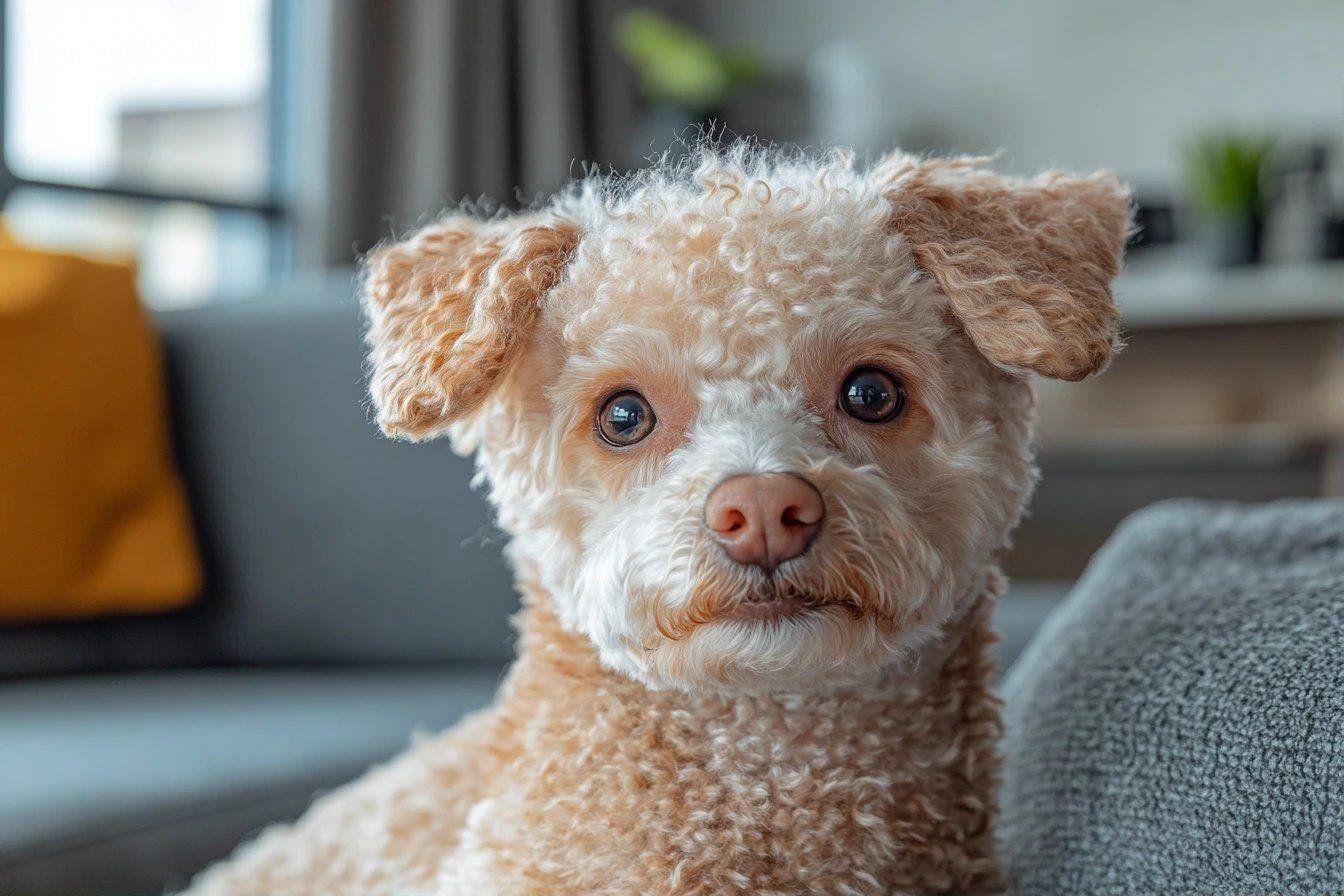 Chien blanc et beige aux boucles moelleuses, regard attendrissant