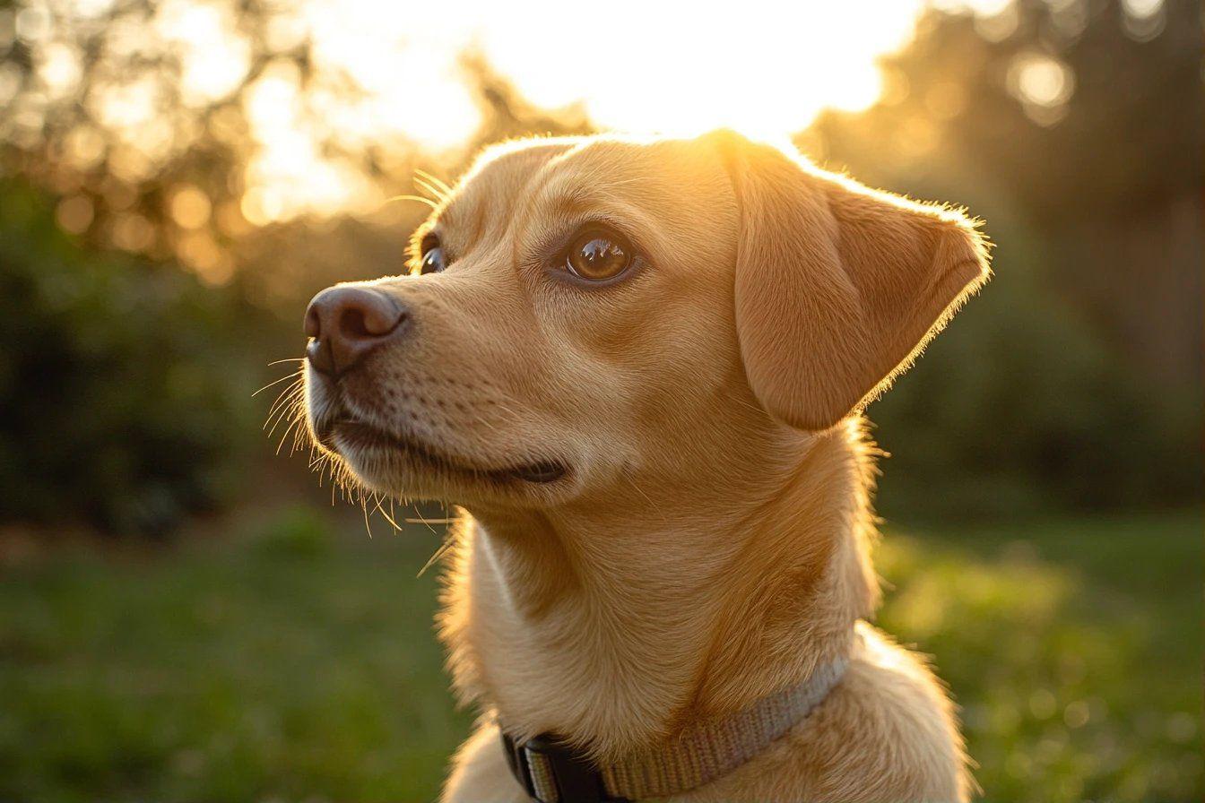 Portrait d'un golden retriever dans une lumi&egrave;re chaleureuse