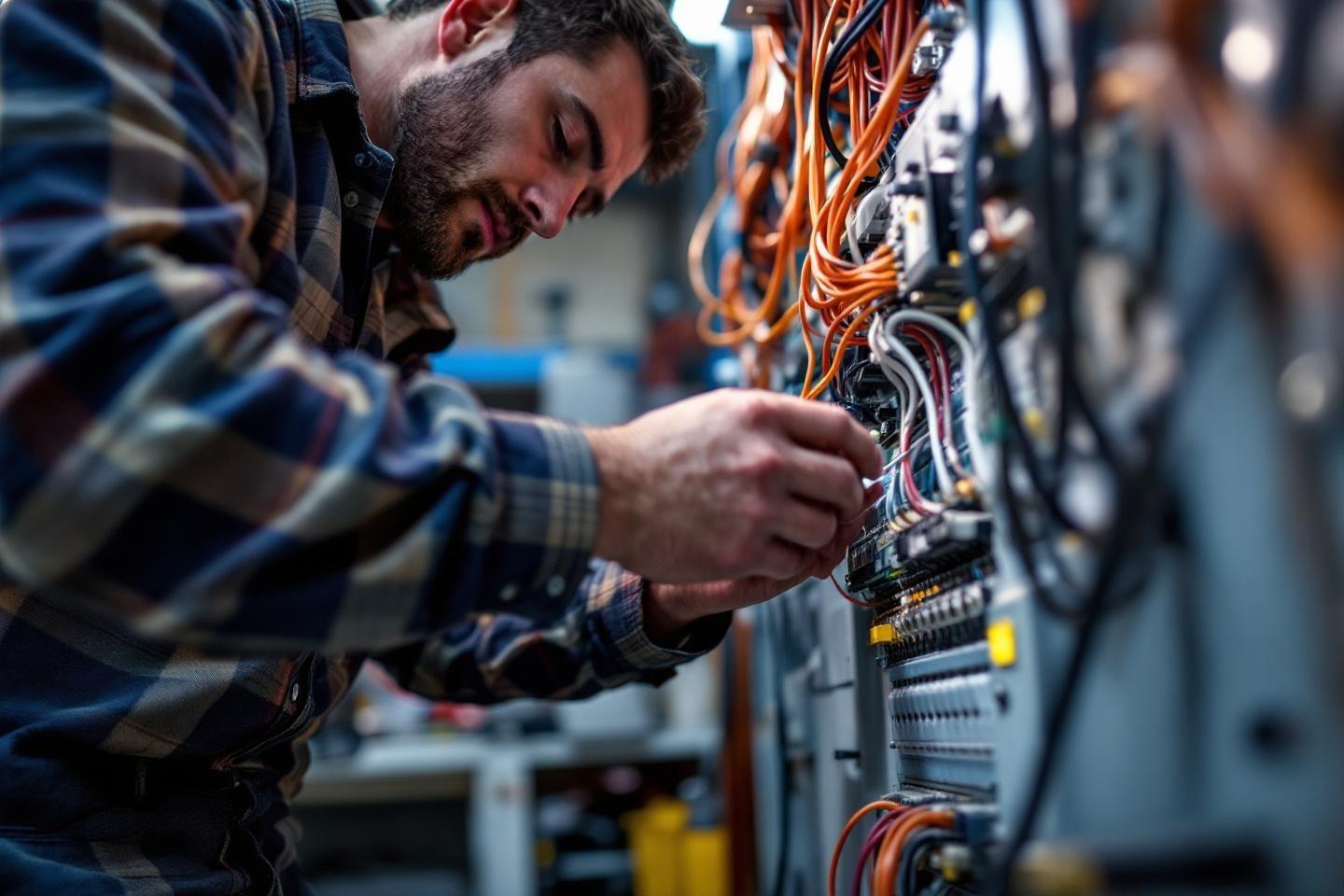 Travailleur concentr&eacute; r&eacute;parant des connexions &eacute;lectriques complexes