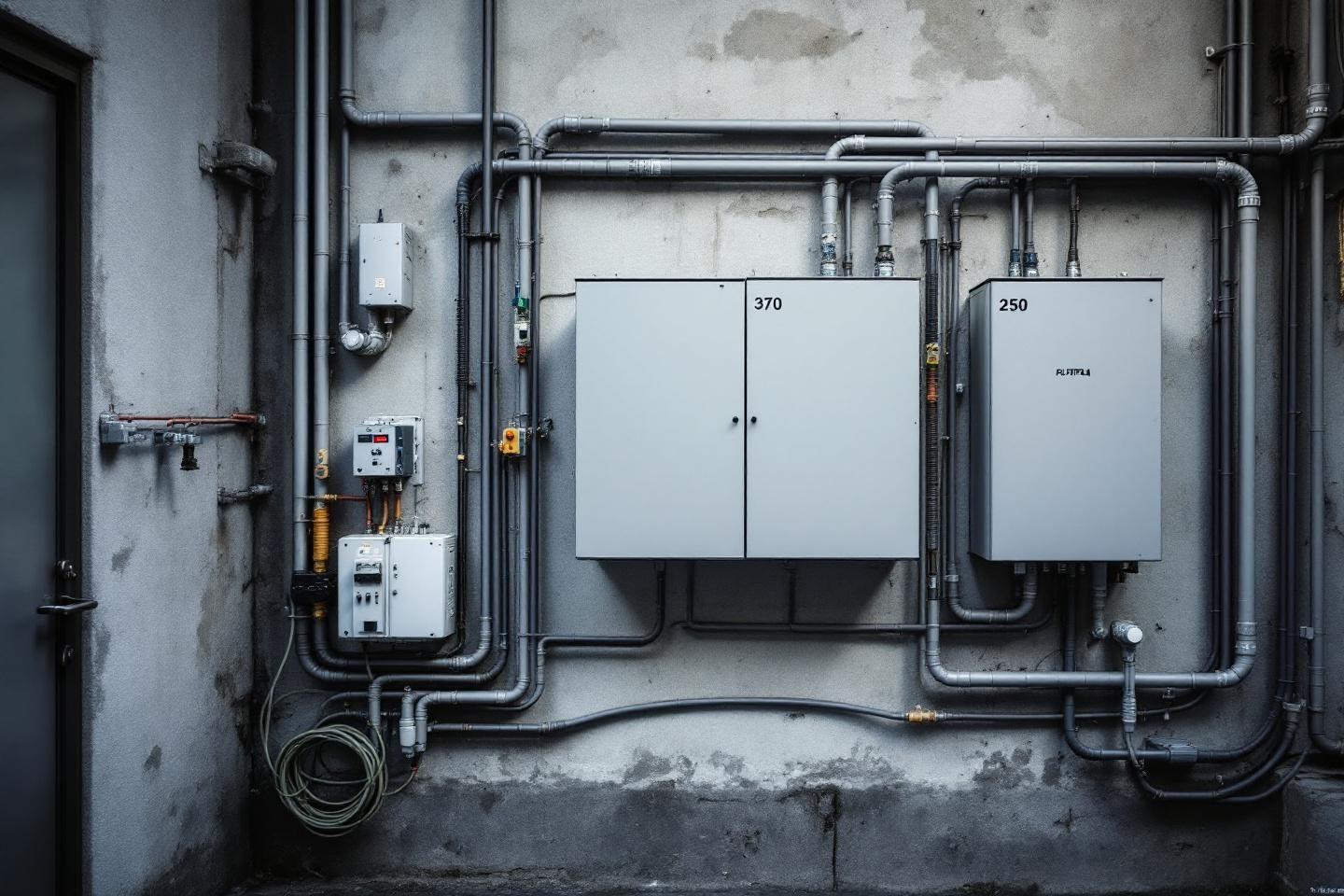 Tableaux &eacute;lectriques et tuyauteries sur mur b&eacute;ton gris industriel
