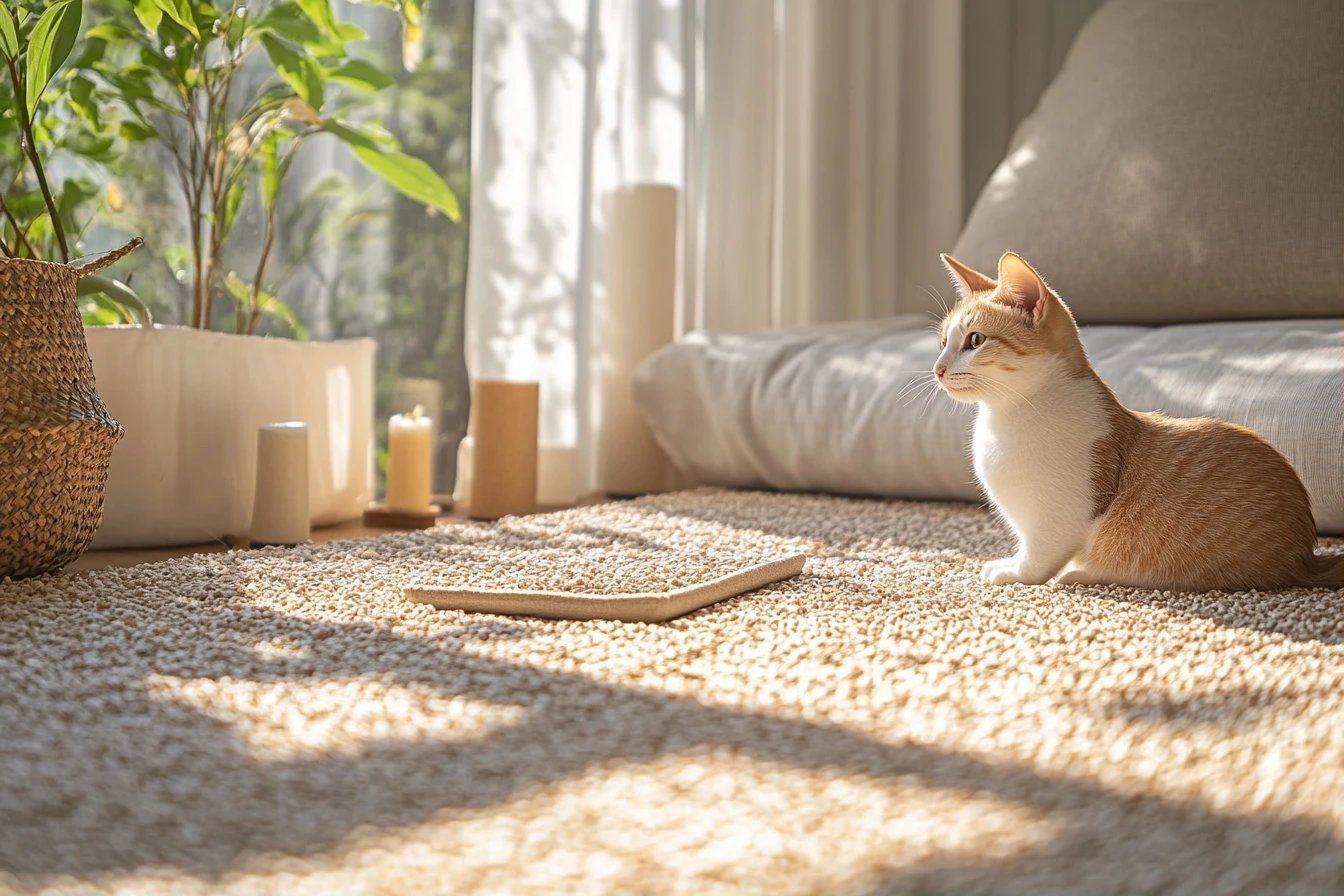 Chat beige et blanc assis sur un tapis lumineux