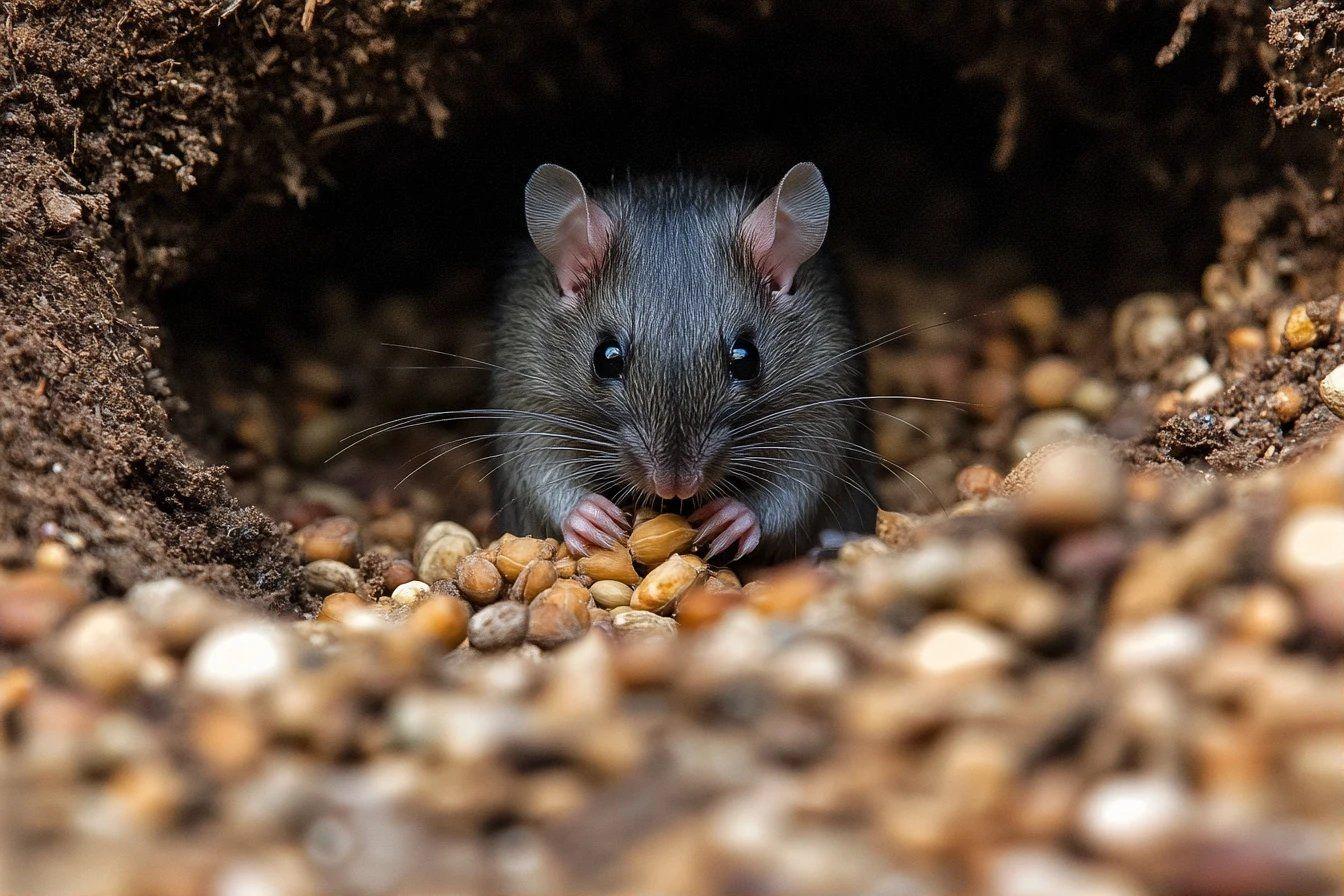 Petit rat mangeant des graines dans un terrier terreux