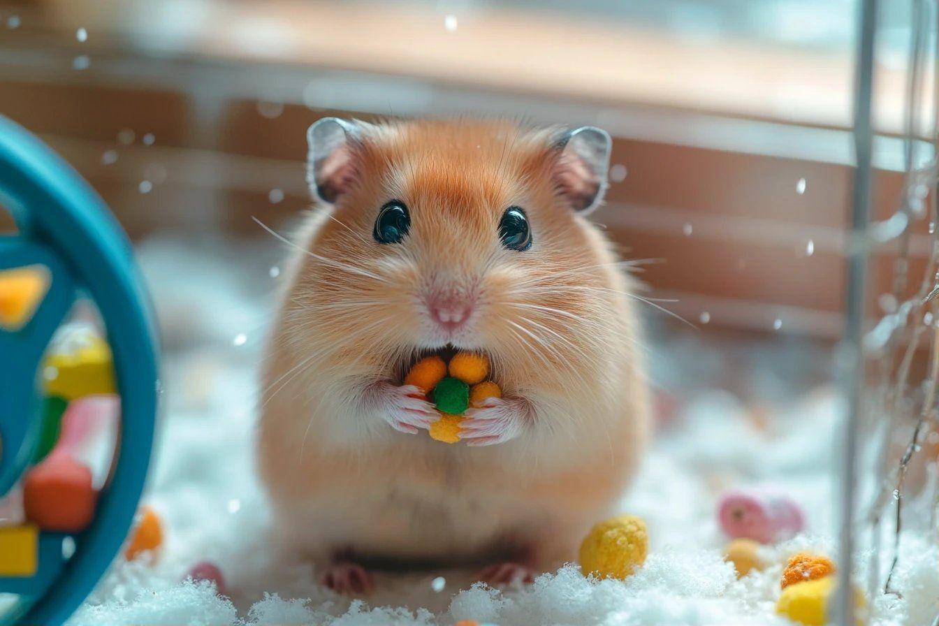 Hamster doré tenant des bonbons colorés dans ses pattes