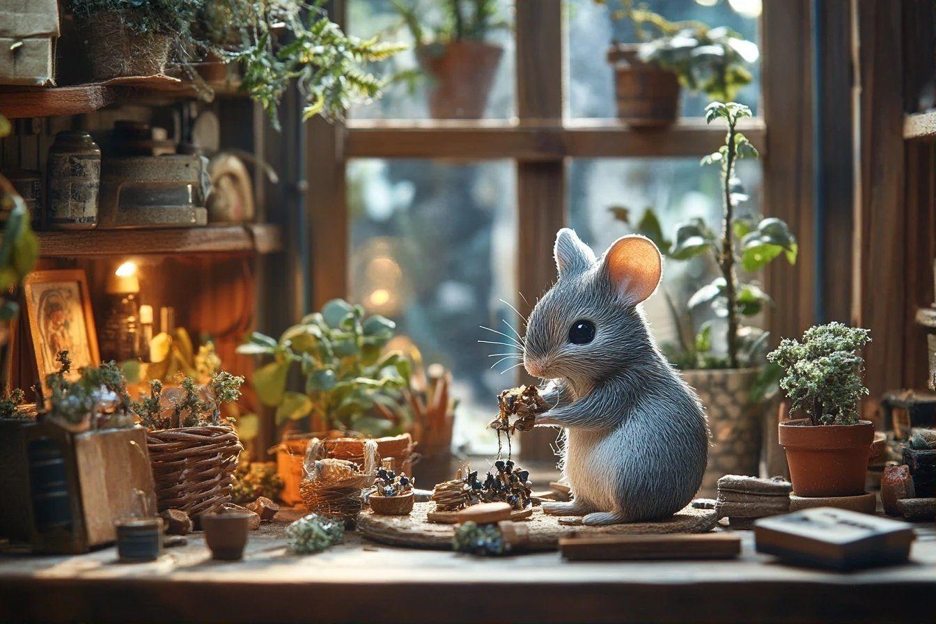 Petit rongeur gris pr&egrave;s de plantes et objets botaniques