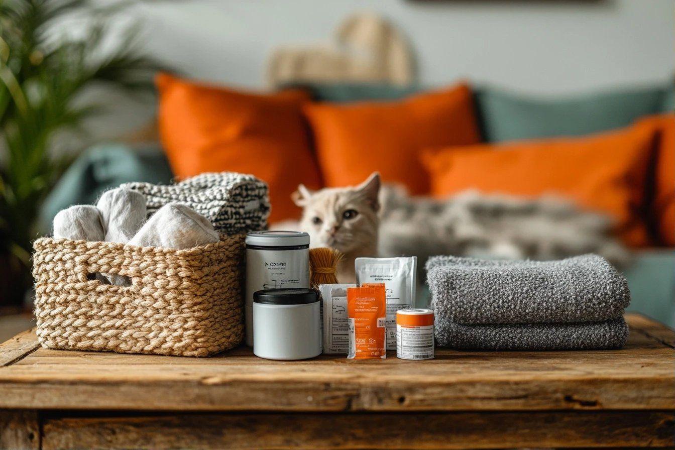 &Eacute;tag&egrave;re en bois avec produits, panier et chat paisible