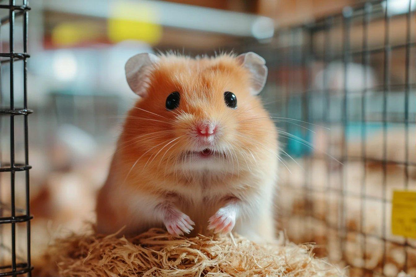 Hamster orange moelleux assis sur de la sciure