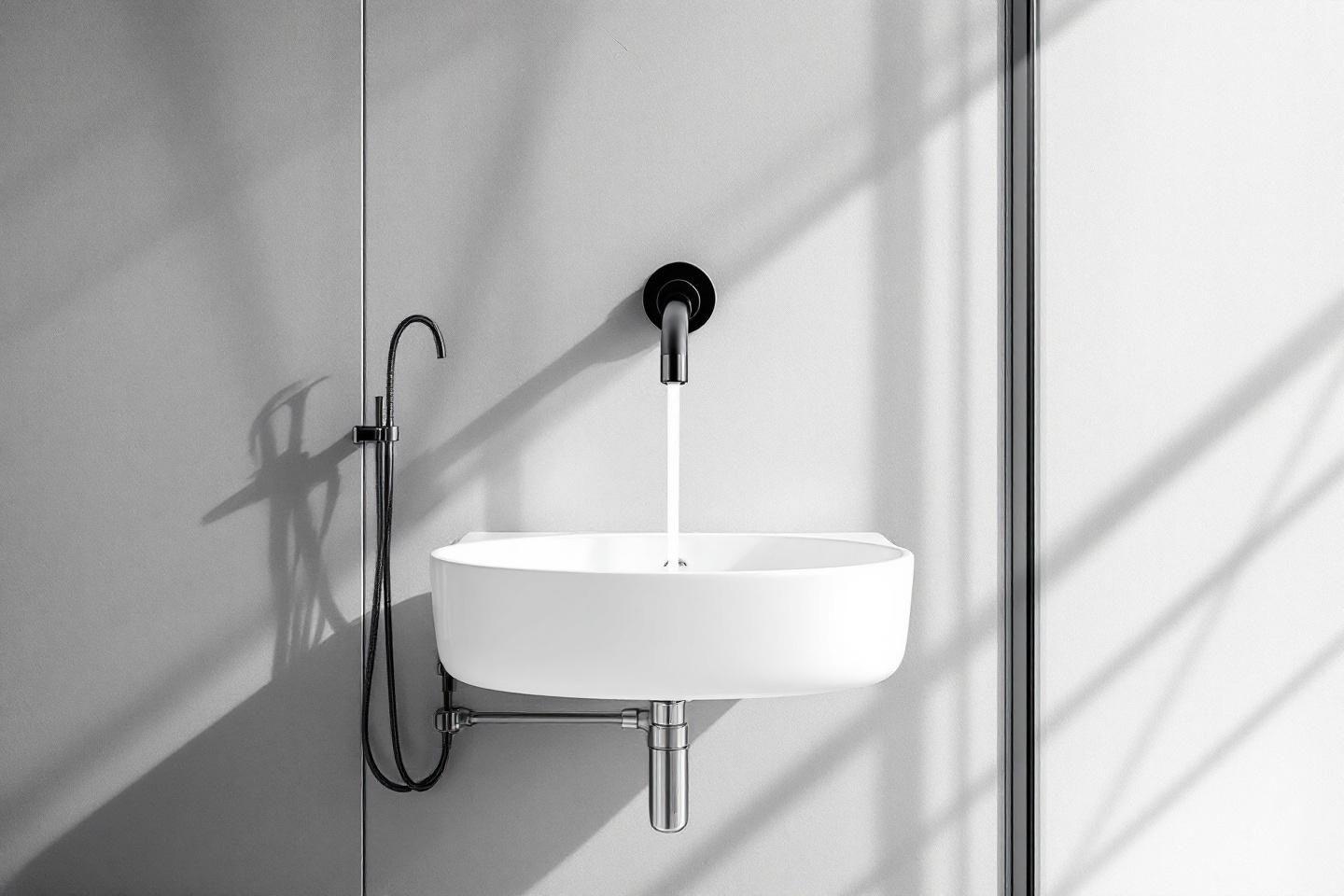 Lavabo blanc suspendu avec robinet moderne dans espace lumineux