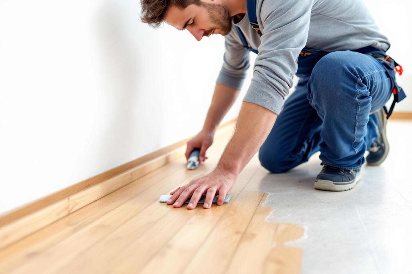 Homme agenouill&eacute; qui installe un nouveau sol en bois