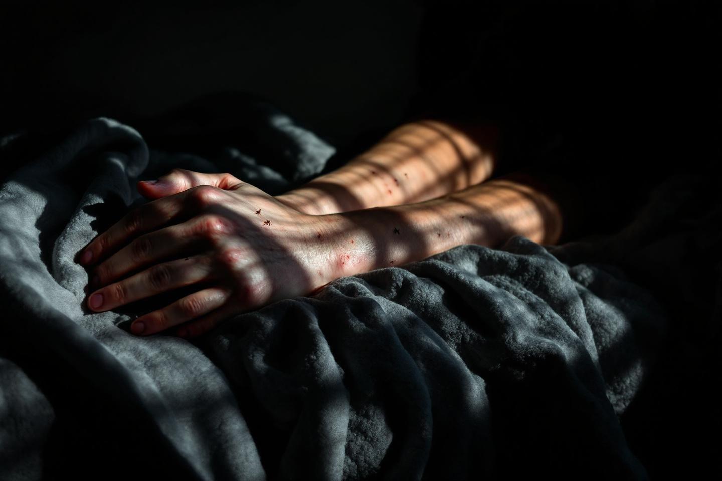 Main bless&eacute;e et marqu&eacute;e sur un tissu pliss&eacute; gris