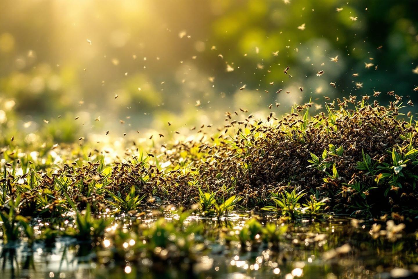 Nuage de minuscules insectes volant pr&egrave;s de plantes vertes