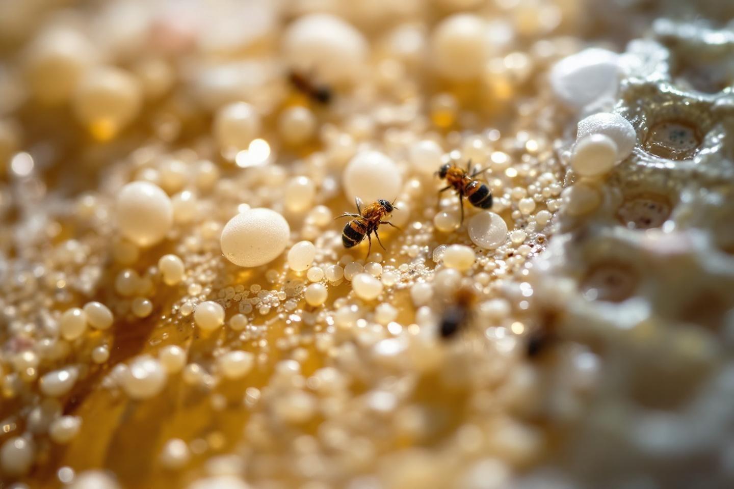 Gros plan de petites abeilles travaillant dans des cellules de miel