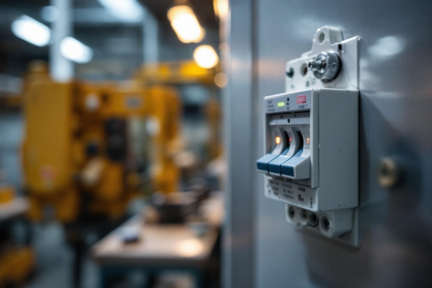 Disjoncteur &eacute;lectrique blanc avec machine jaune floue en arri&egrave;re-plan