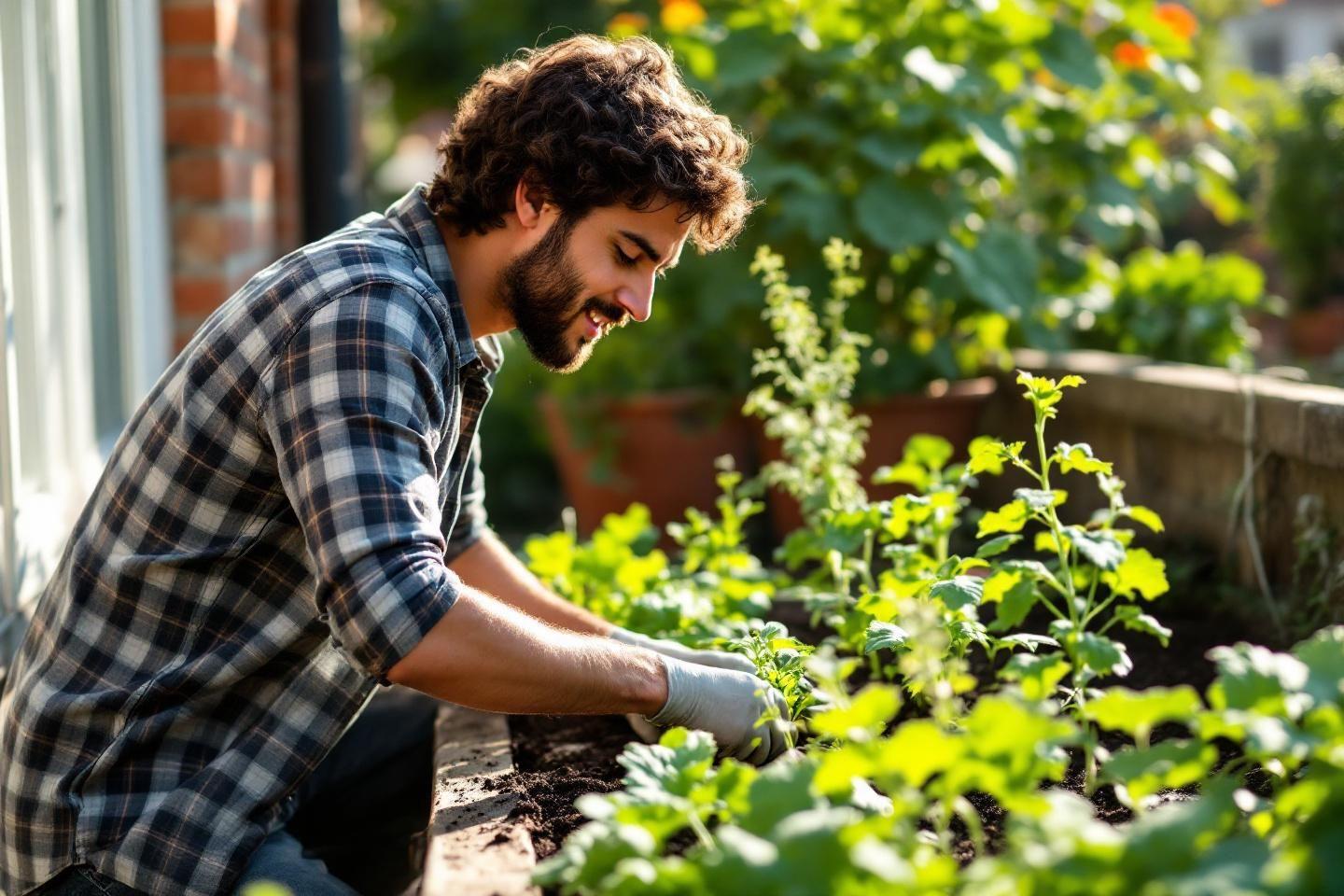 Homme cultivant des plantes vertes dans un jardin de balcon