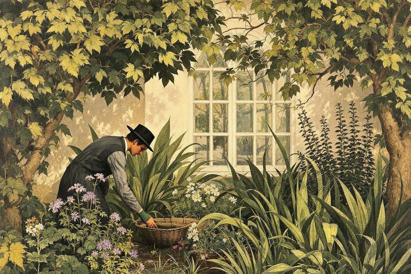 Homme au chapeau cueillant des fleurs dans un jardin luxuriant