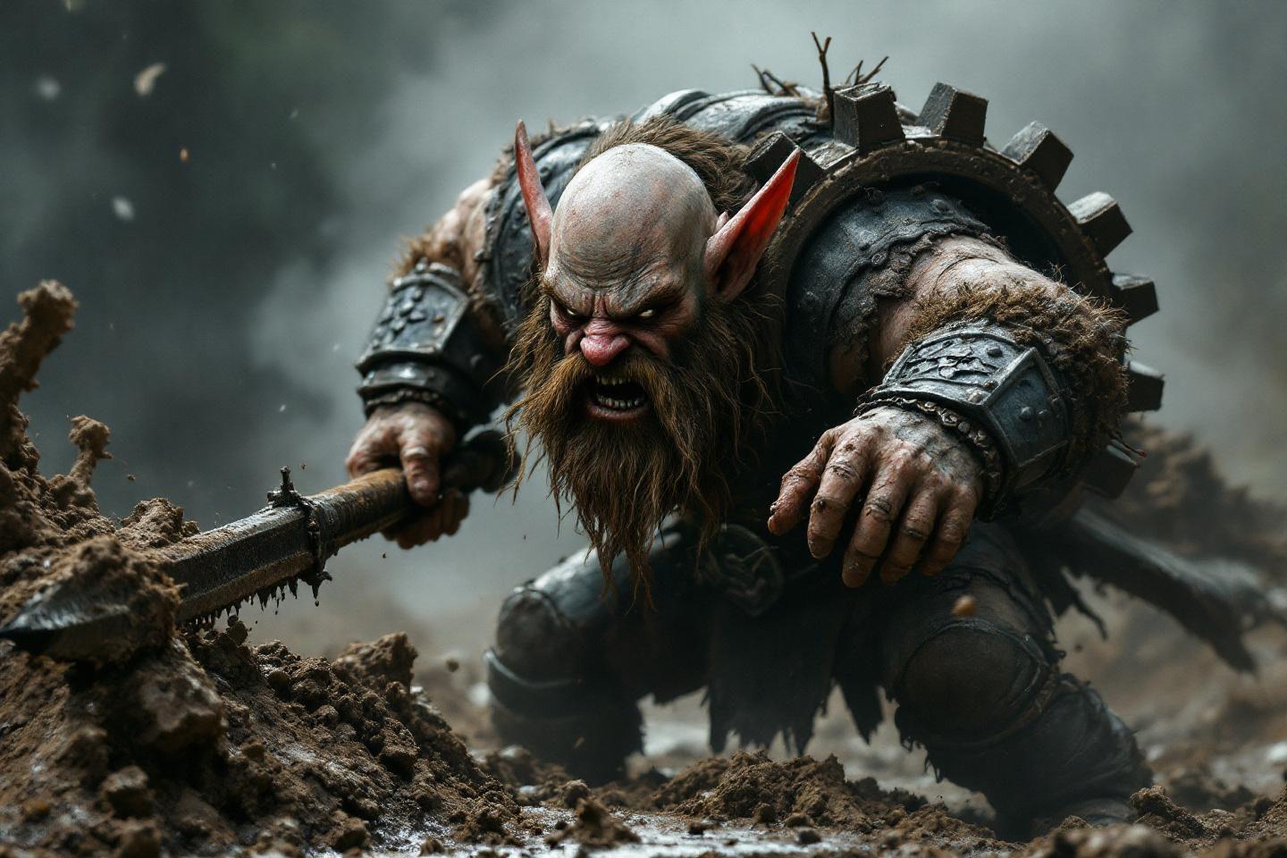 Nain barbu en armure dark, combattant dans la boue