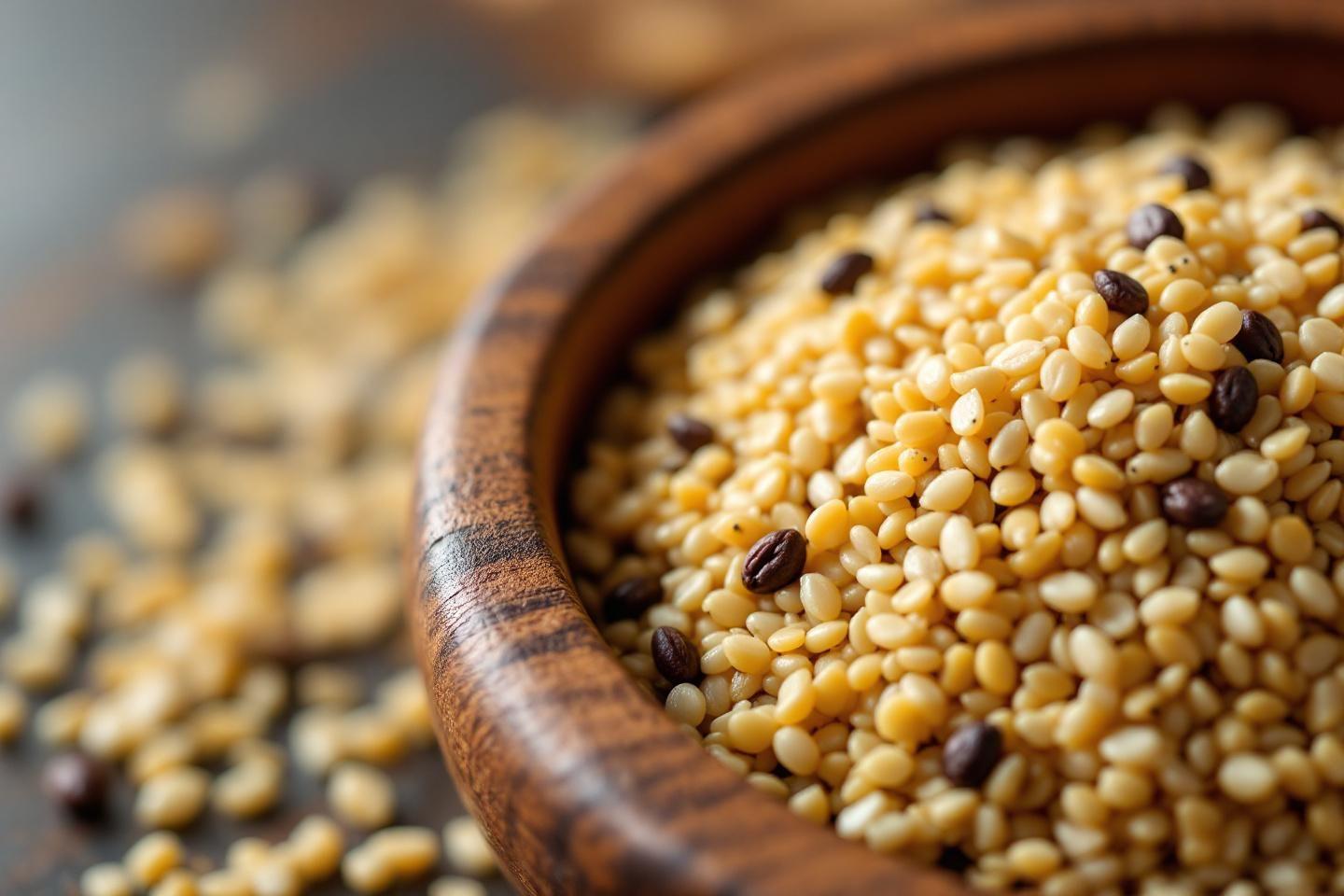 Gros plan sur des graines de s&eacute;same jaunes et brunes