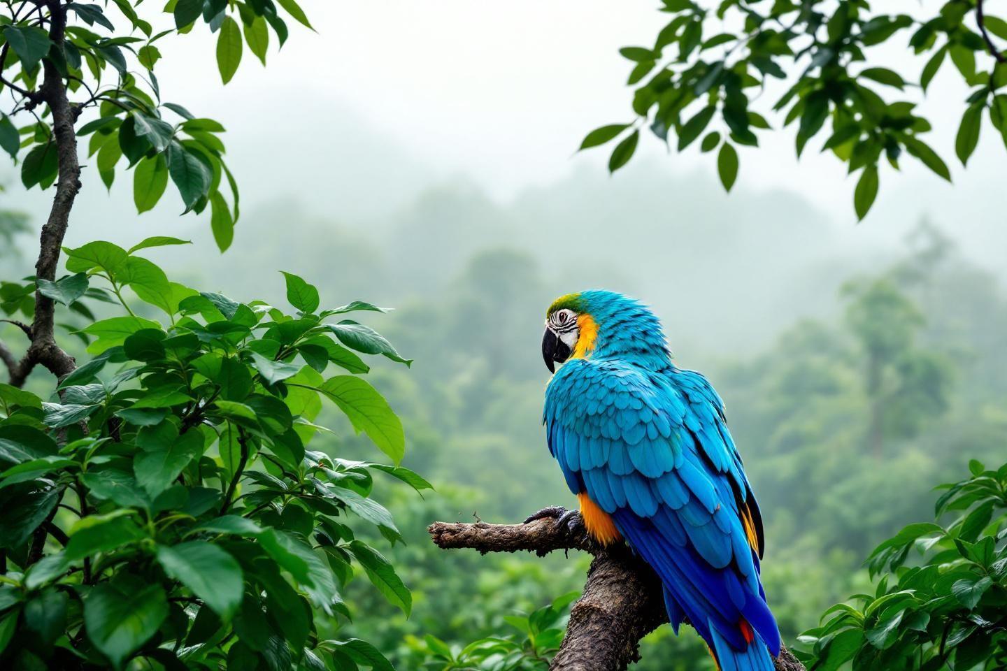 Perroquet bleu et jaune sur une branche dans un environnement verdoyant